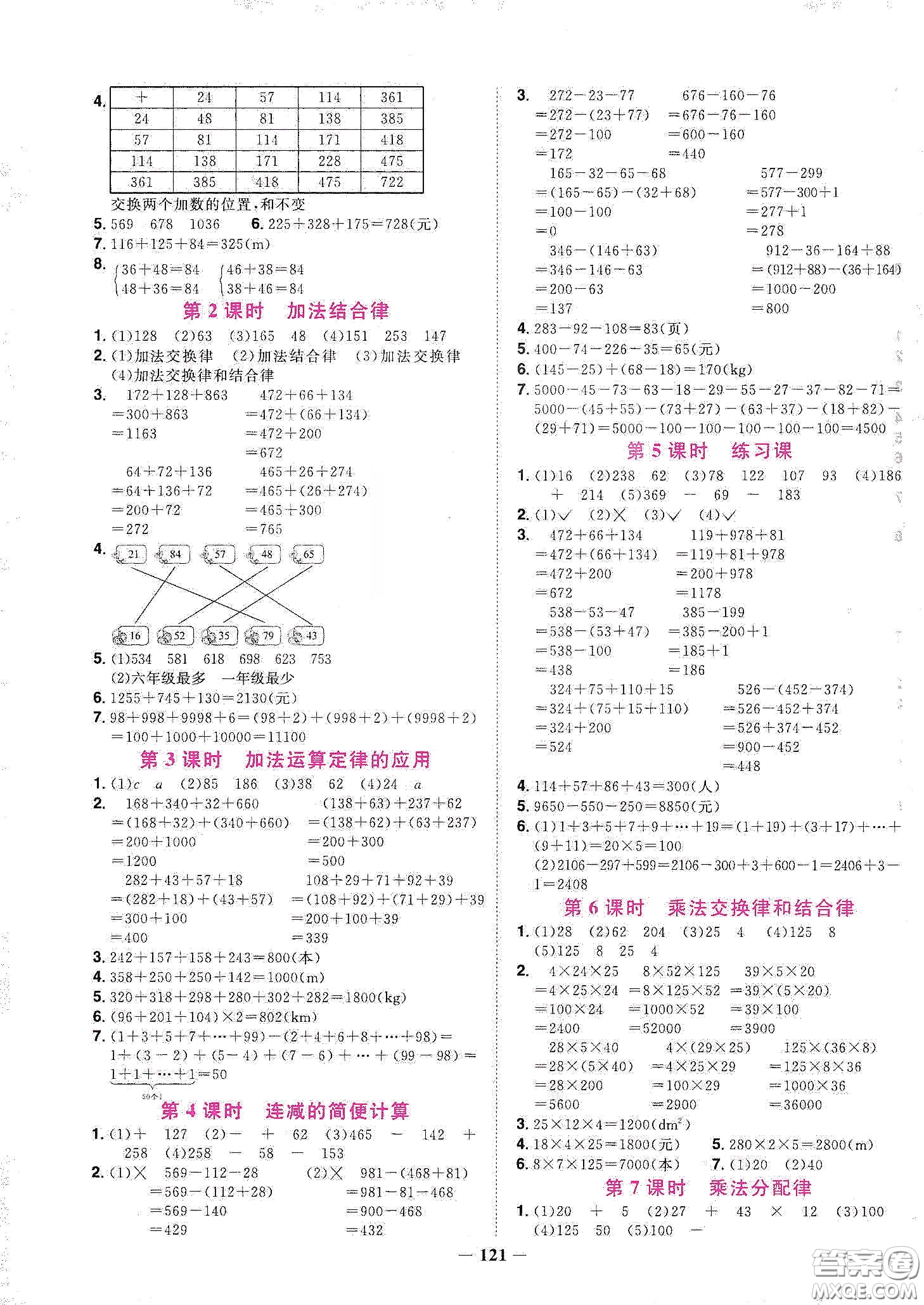 宇軒圖書2020春陽光同學課時優(yōu)化作業(yè)四年級數(shù)學下冊人教版天津適用答案