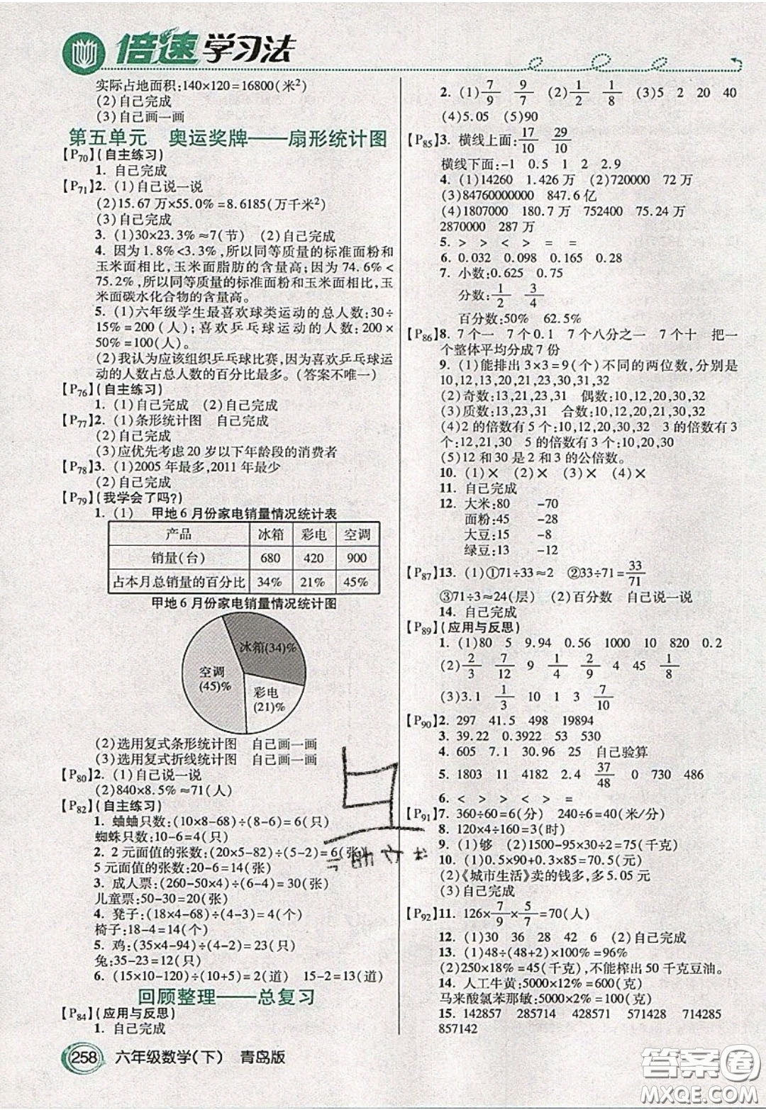 萬向思維2020年倍速學習法教材導(dǎo)學練六年級數(shù)學下青島版參考答案