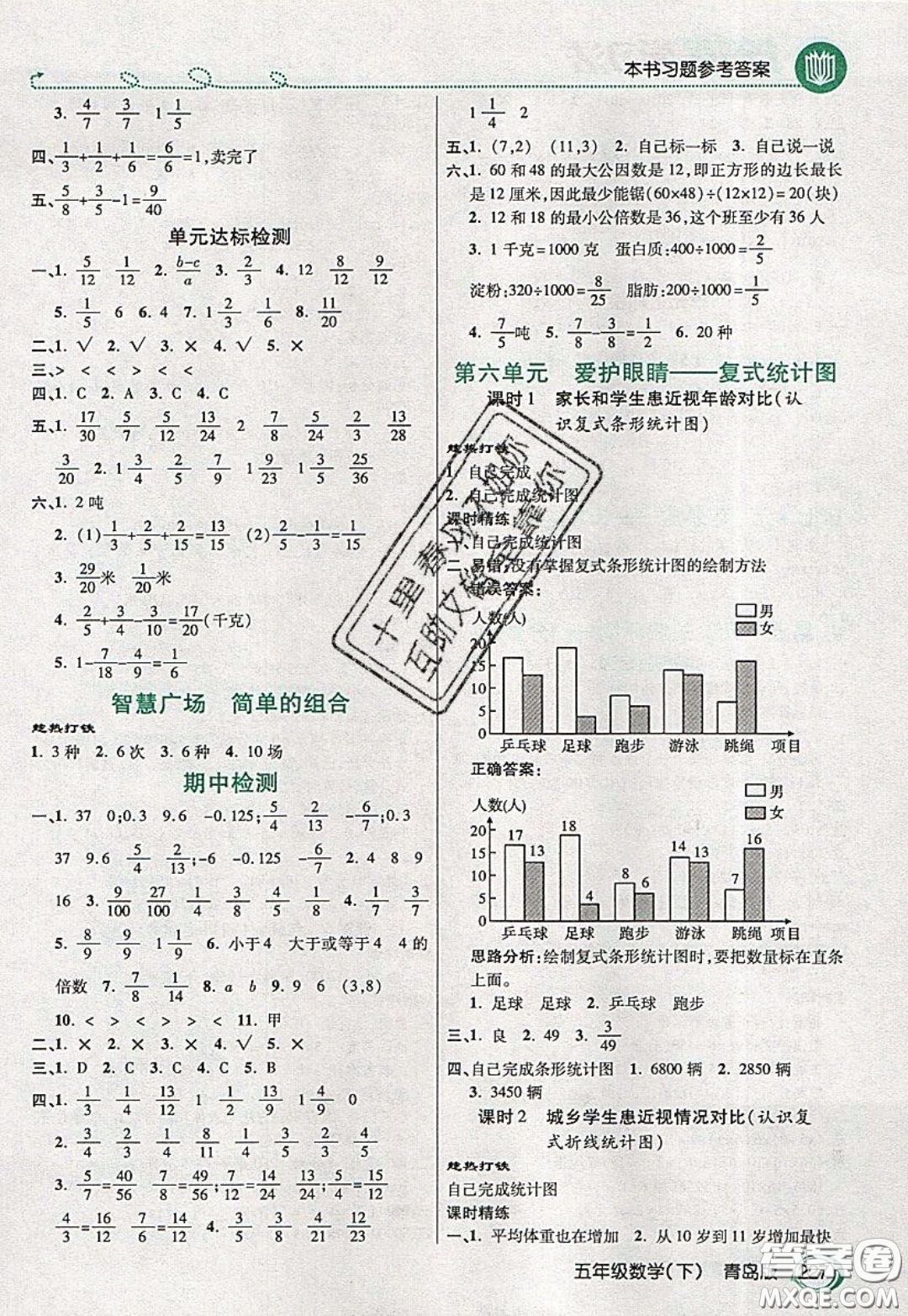 萬向思維2020年倍速學習法教材導(dǎo)學練五年級數(shù)學下青島版參考答案