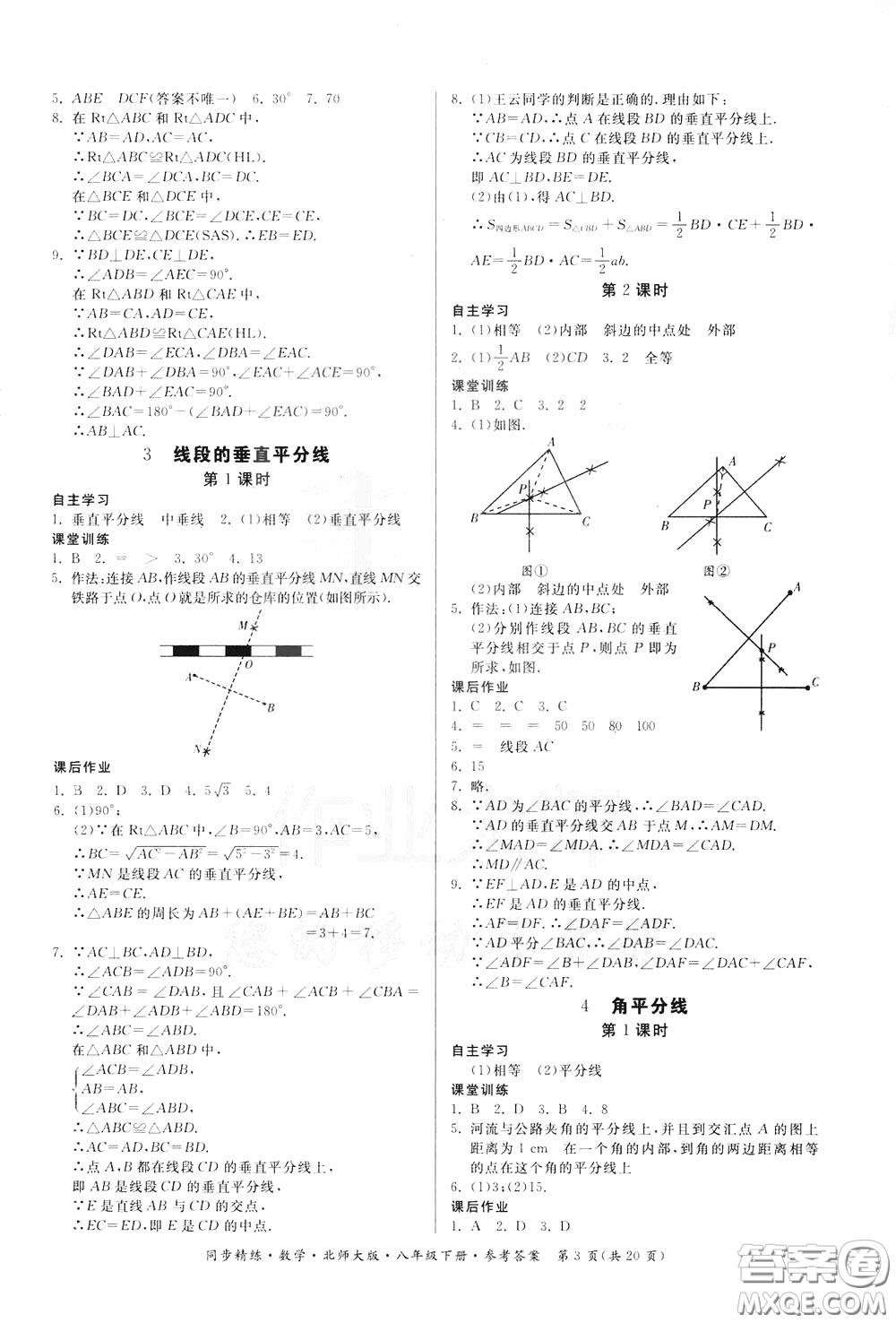 名師小課堂2020年同步精煉數(shù)學(xué)八年級(jí)下冊(cè)北師大版參考答案