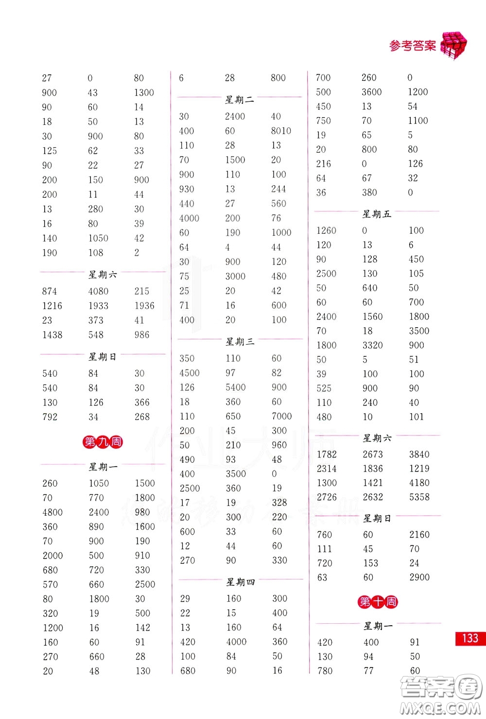 名師點(diǎn)撥2020年口算練習(xí)冊(cè)三年級(jí)下參考答案