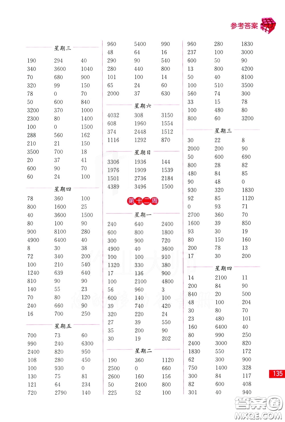 名師點(diǎn)撥2020年口算練習(xí)冊(cè)三年級(jí)下參考答案