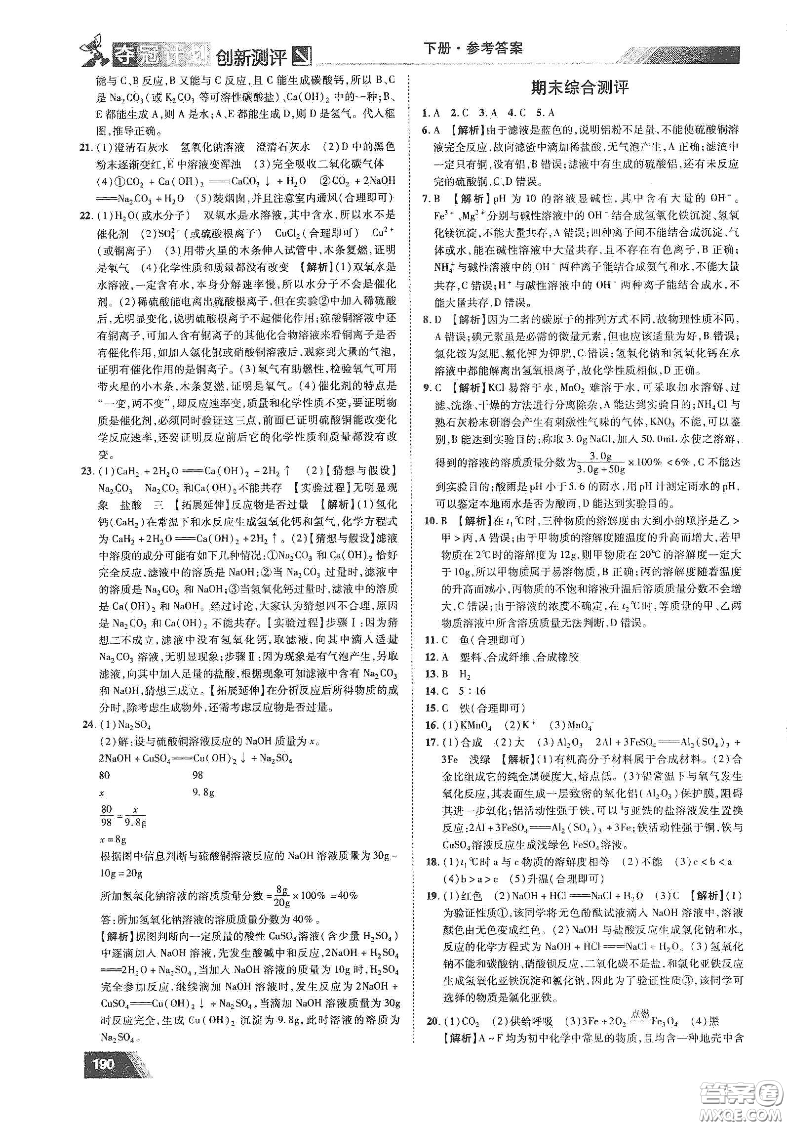 2020奪冠計(jì)劃初中創(chuàng)新測評九年級化學(xué)下冊人教版江西專版答案