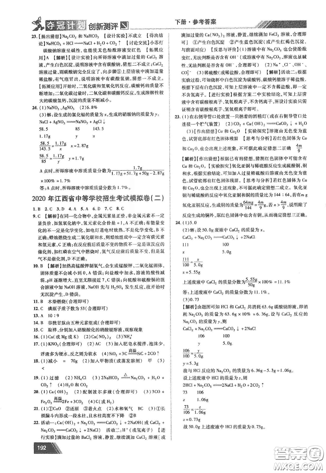 2020奪冠計(jì)劃初中創(chuàng)新測評九年級化學(xué)下冊人教版江西專版答案