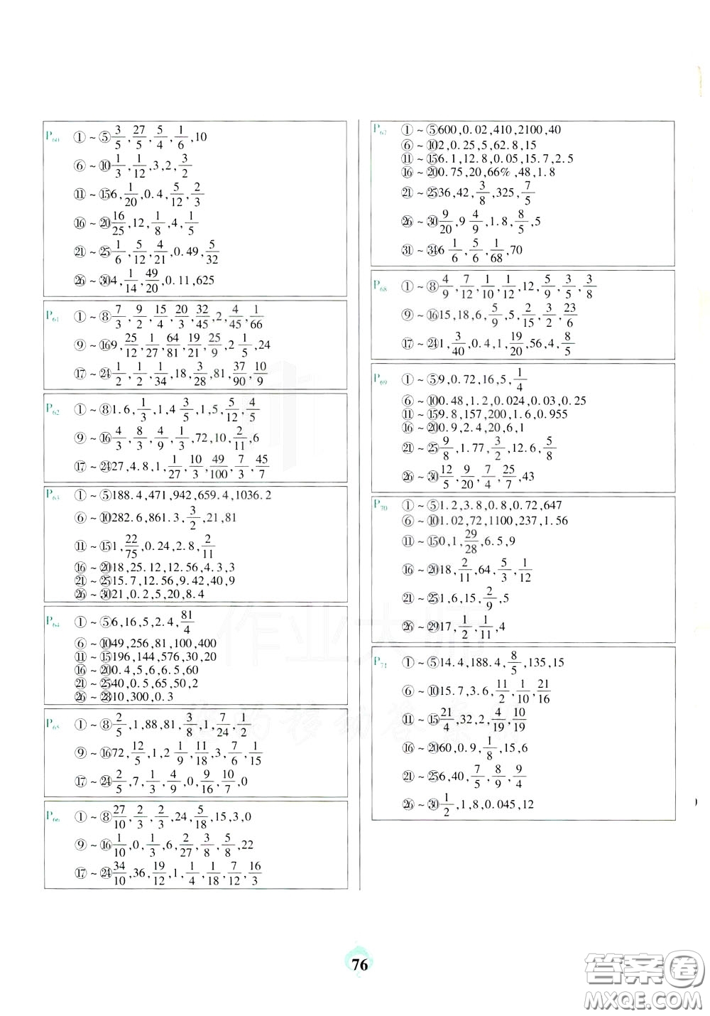 2020年計(jì)算小能手口算題卡六年級(jí)下RJ人教版參考答案