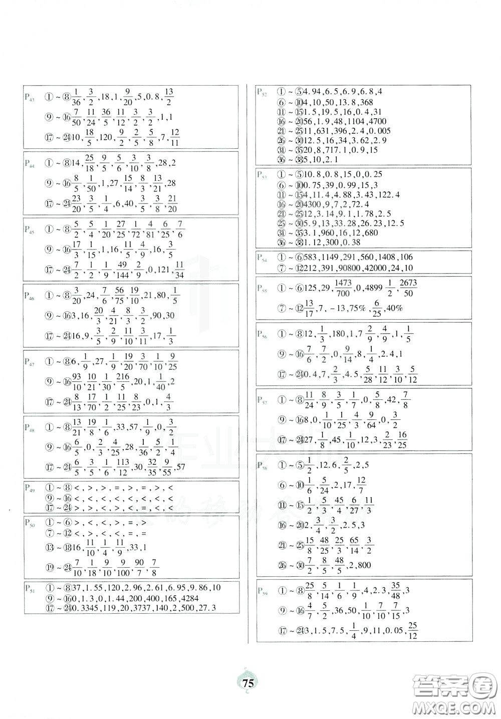 2020年計(jì)算小能手口算題卡六年級(jí)下RJ人教版參考答案