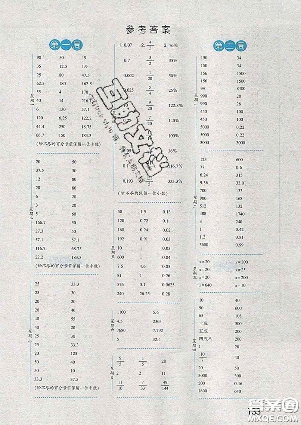 2020年經(jīng)綸學(xué)典口算達(dá)人六年級(jí)數(shù)學(xué)下冊(cè)青島版答案