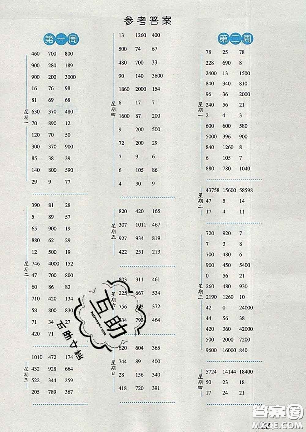 2020年經綸學典口算達人四年級數學下冊人教版答案