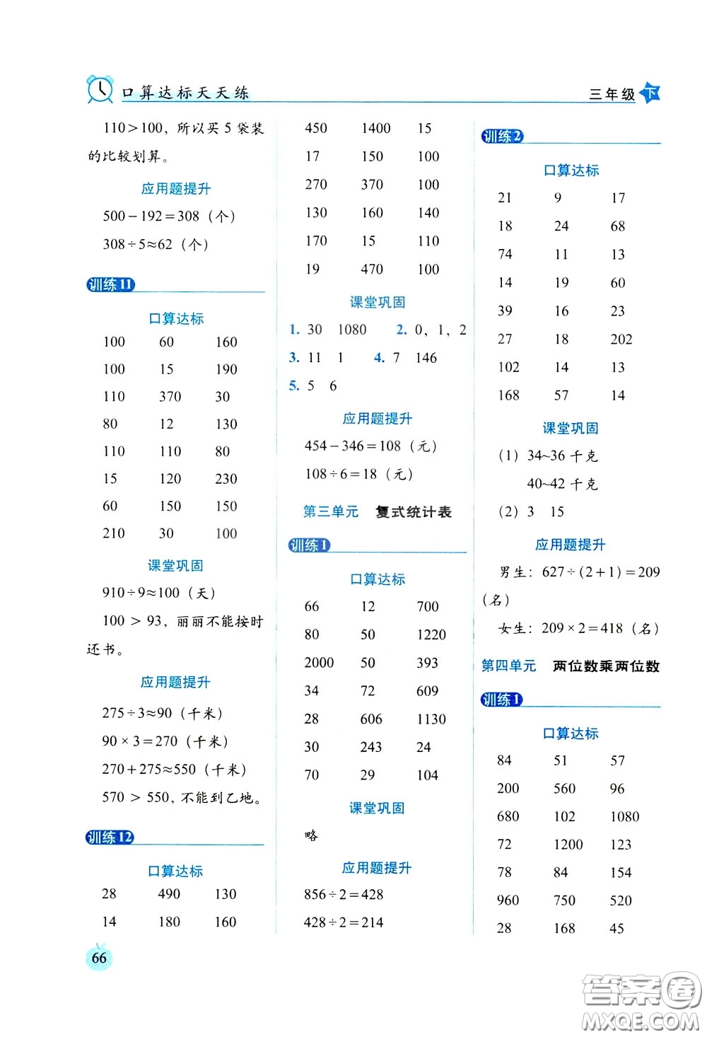 2020年小學(xué)數(shù)學(xué)培優(yōu)版口算達(dá)標(biāo)天天練三年級(jí)下人教課標(biāo)版參考答案