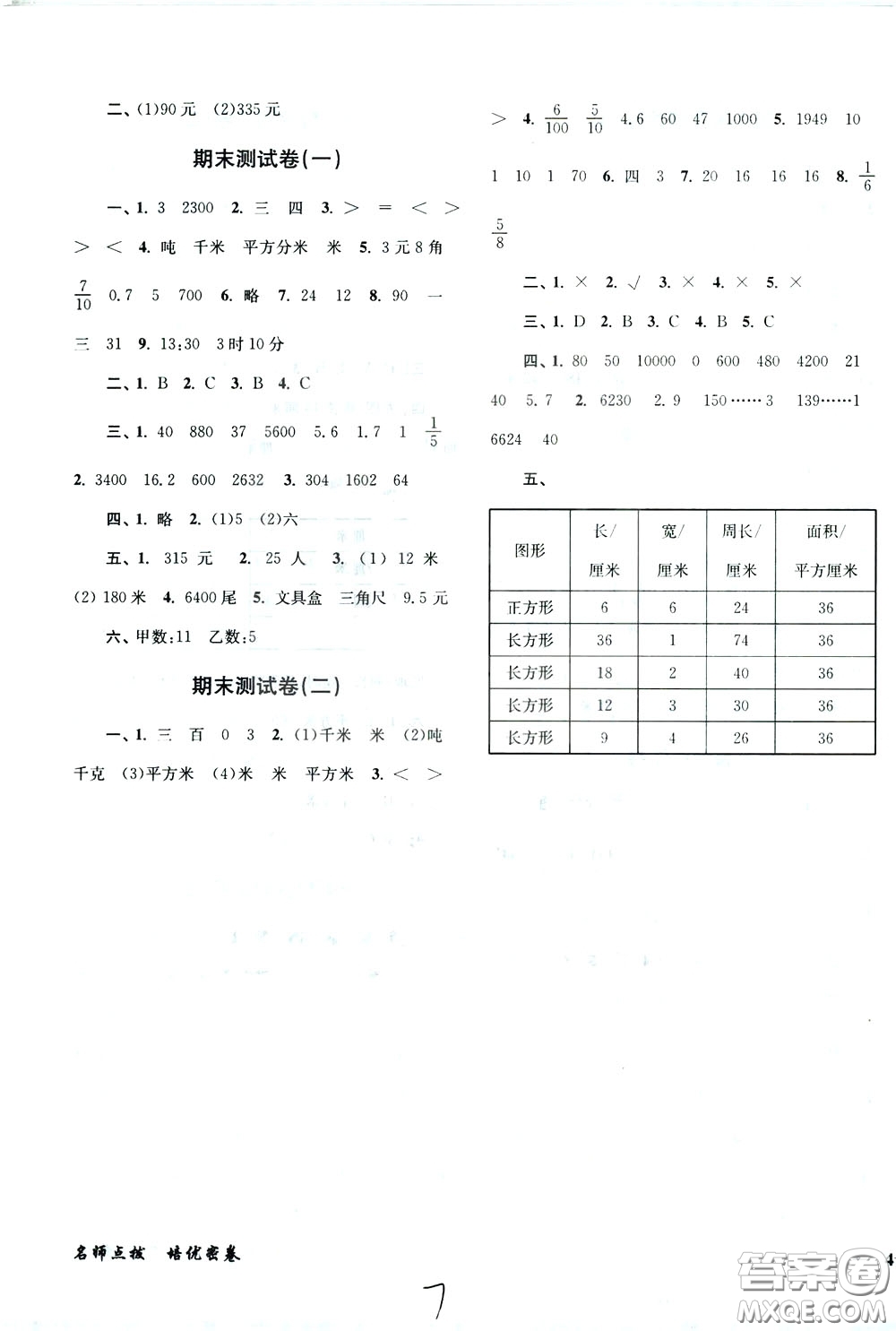 2020年名師點撥培優(yōu)密卷數(shù)學(xué)三年級下江蘇版參考答案