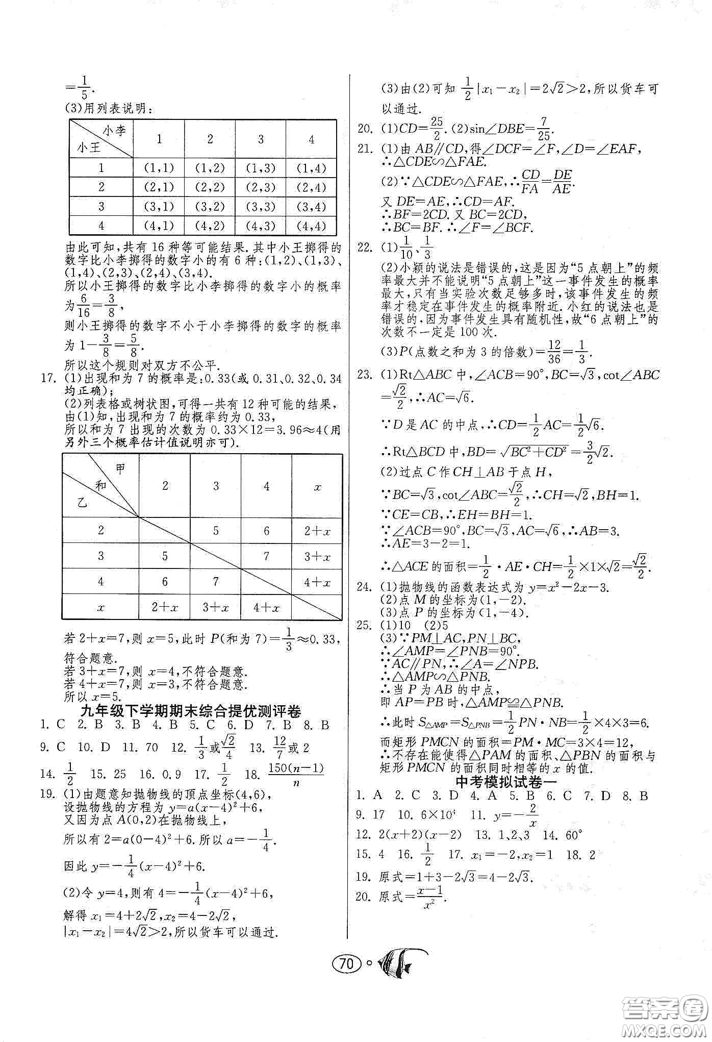 春雨教育2020名牌牛皮卷提優(yōu)名卷九年級數(shù)學(xué)下冊江蘇科教jskj版答案