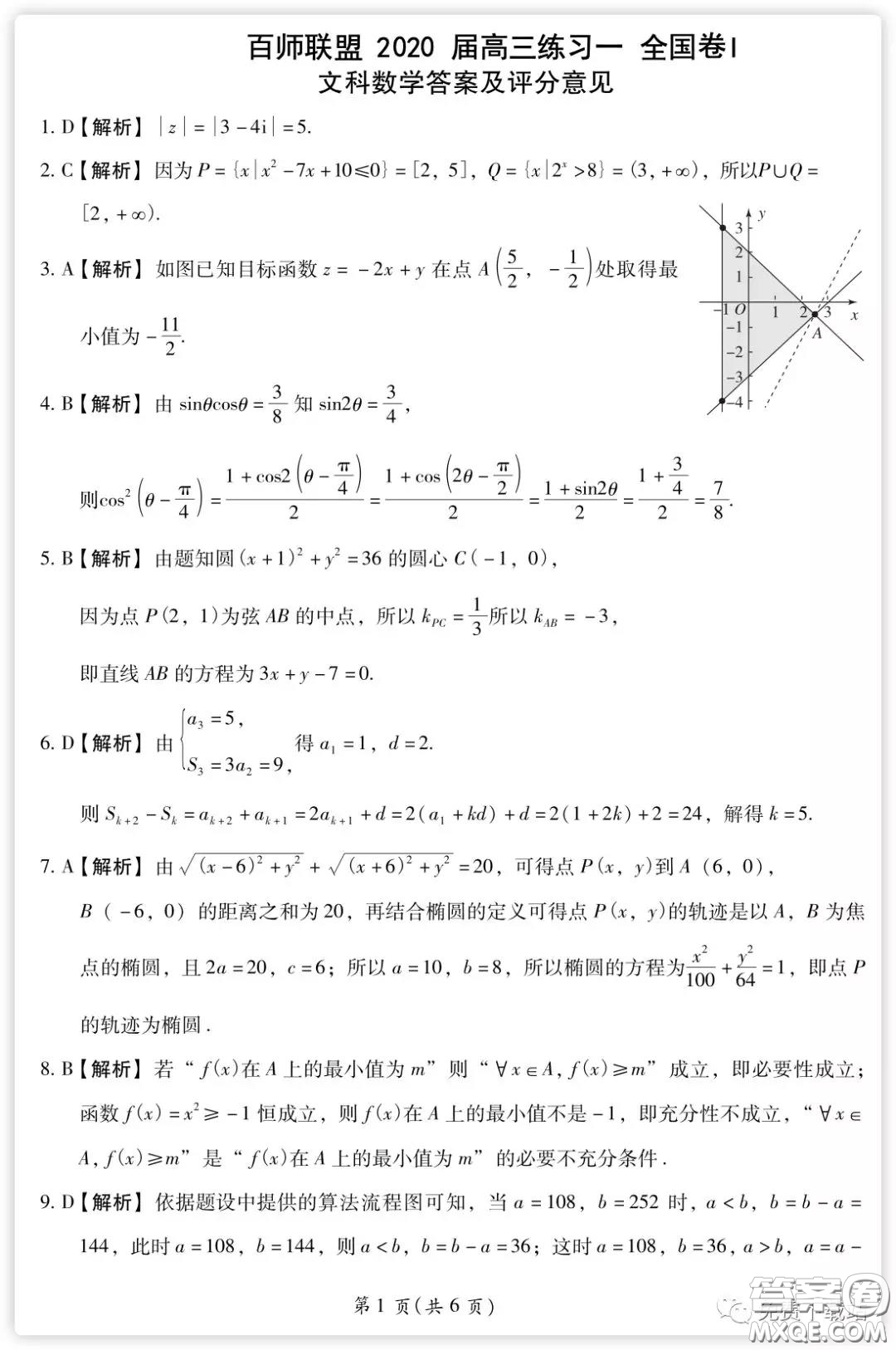 百師聯(lián)盟2020屆高三練習(xí)一全國(guó)卷I文科數(shù)學(xué)試題及答案