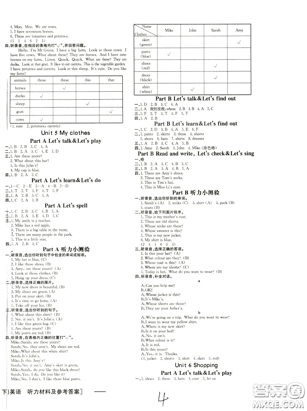 鐘書金牌2020年非常1+1一課一練四年級下冊英語RPEP版人教版參考答案