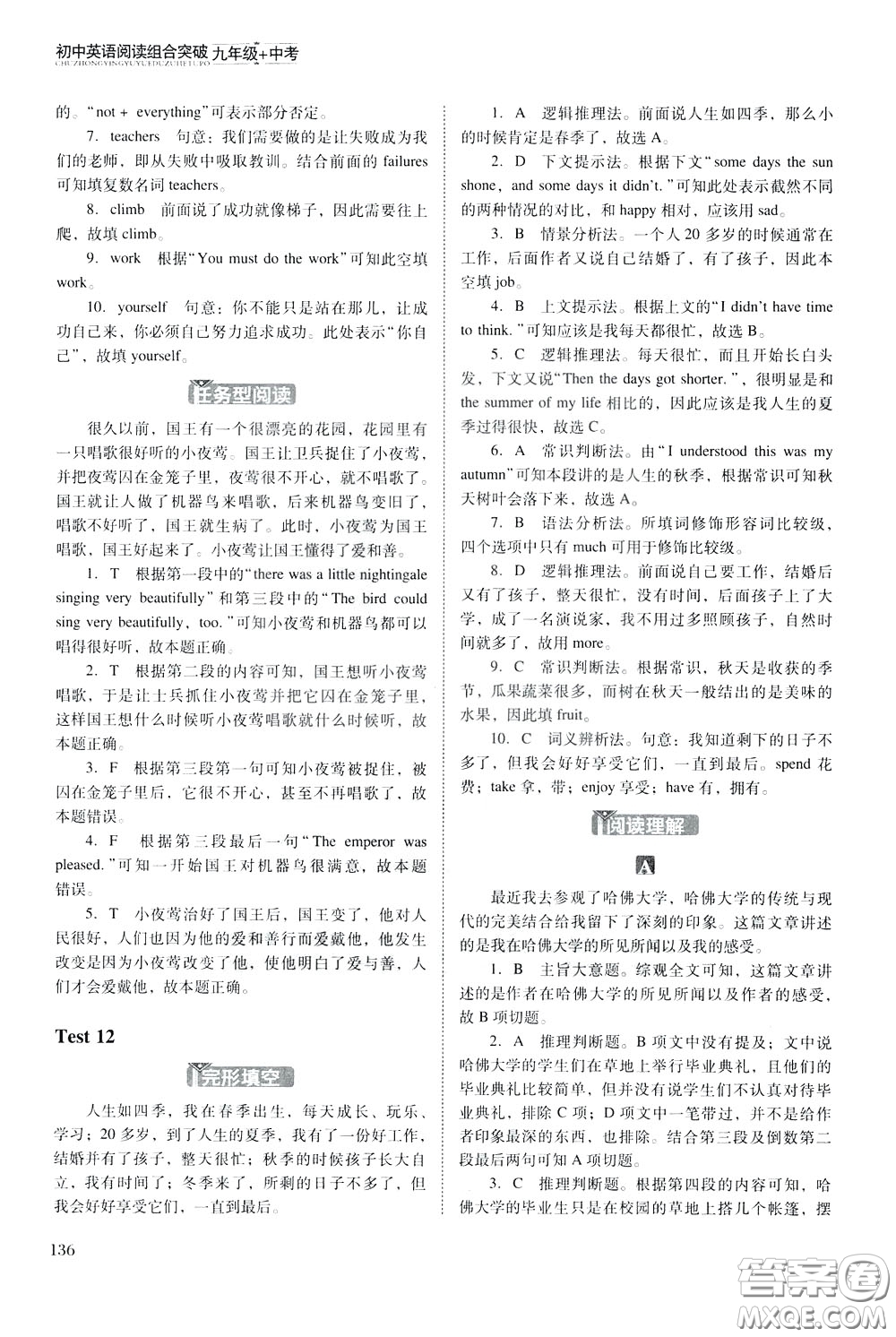 2020年木頭馬初中英語閱讀組合突破名師特訓(xùn)九年級(jí)中考參考答案