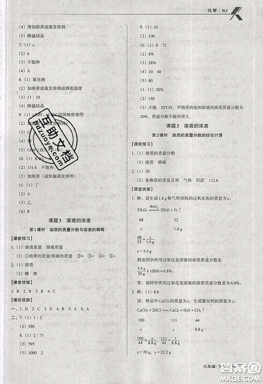 遼海出版社2020全優(yōu)點練課計劃九年級化學(xué)下冊人教版答案