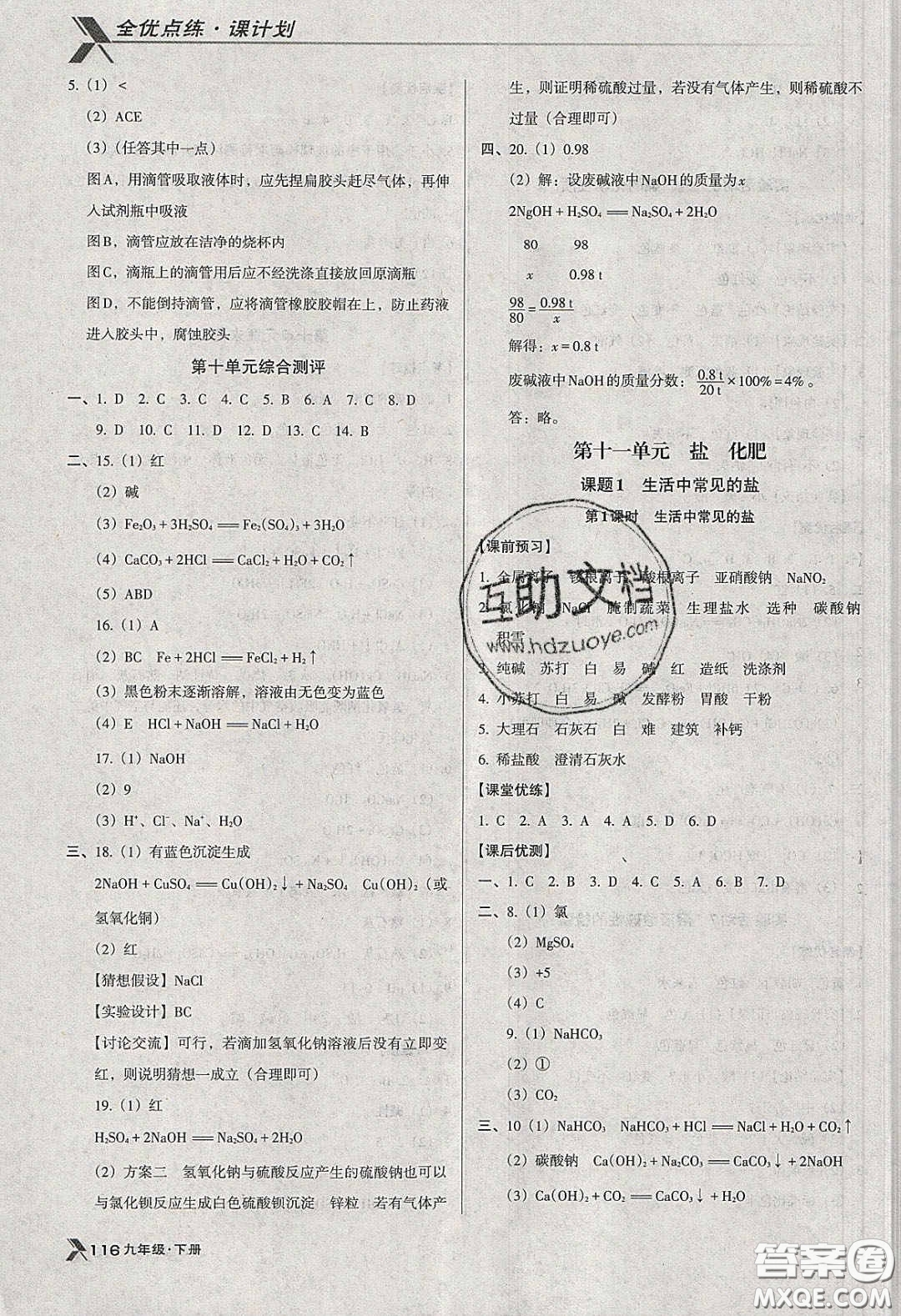 遼海出版社2020全優(yōu)點練課計劃九年級化學(xué)下冊人教版答案