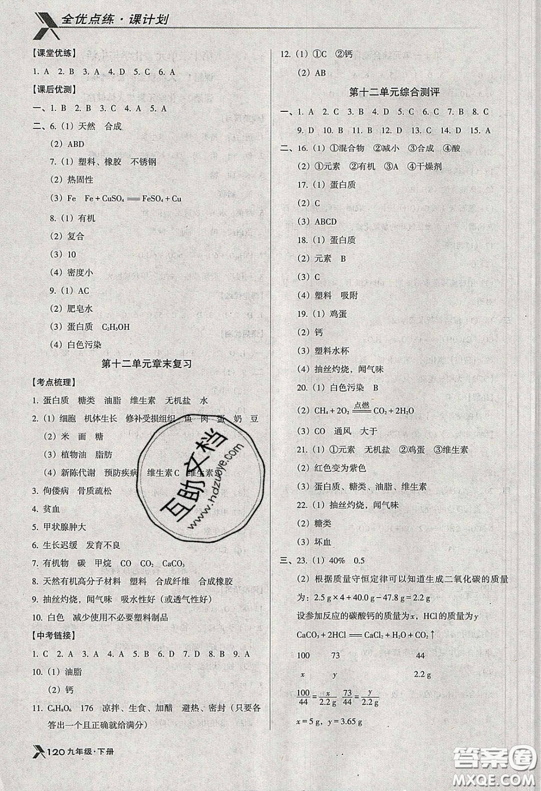 遼海出版社2020全優(yōu)點練課計劃九年級化學(xué)下冊人教版答案