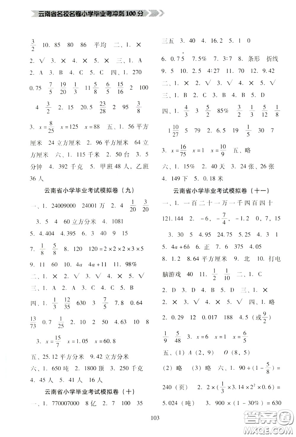 2020年云南省名校名卷小學畢業(yè)沖刺100分數學參考答案