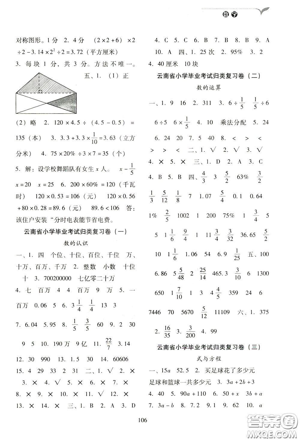 2020年云南省名校名卷小學畢業(yè)沖刺100分數學參考答案