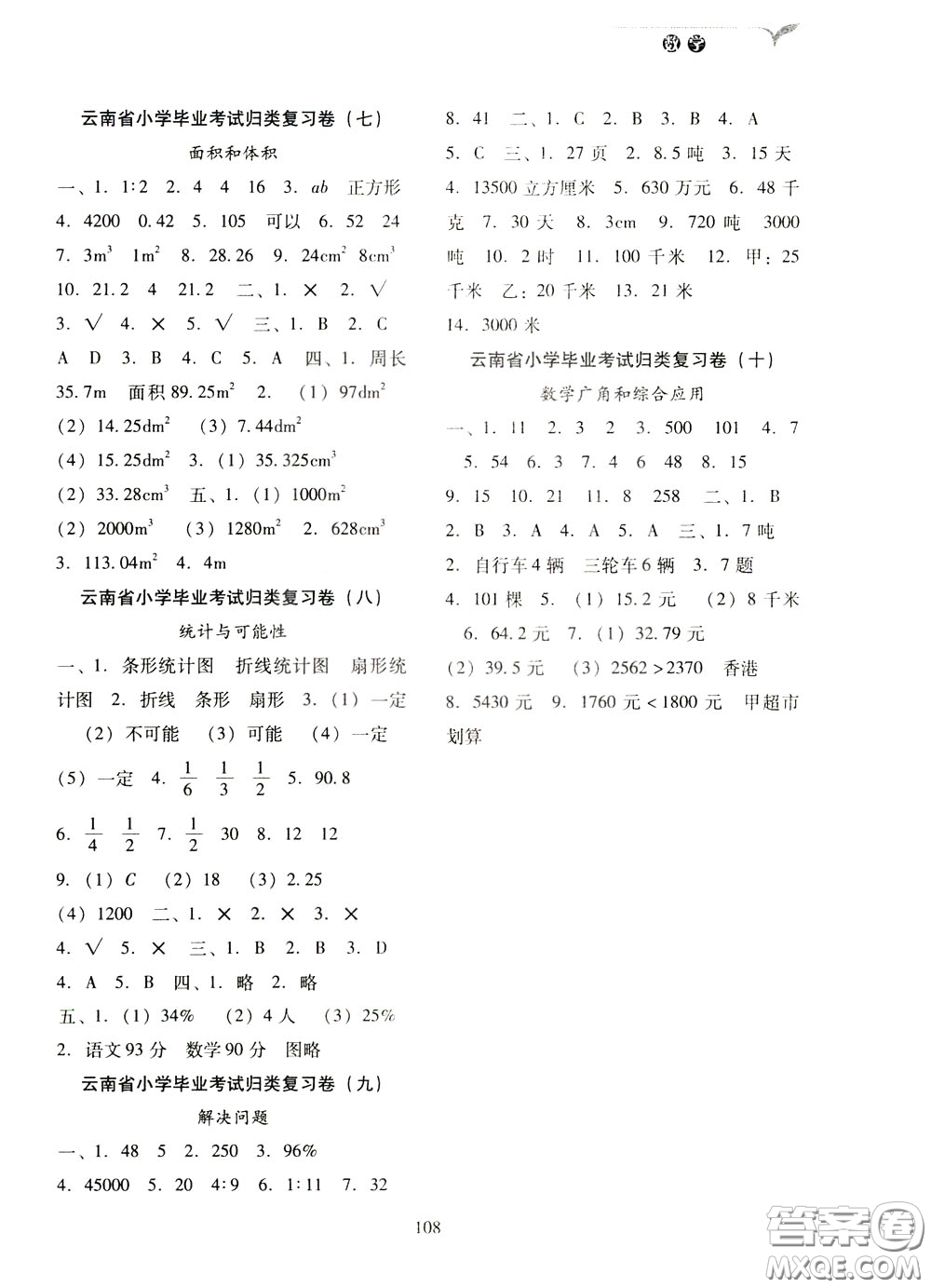 2020年云南省名校名卷小學畢業(yè)沖刺100分數學參考答案