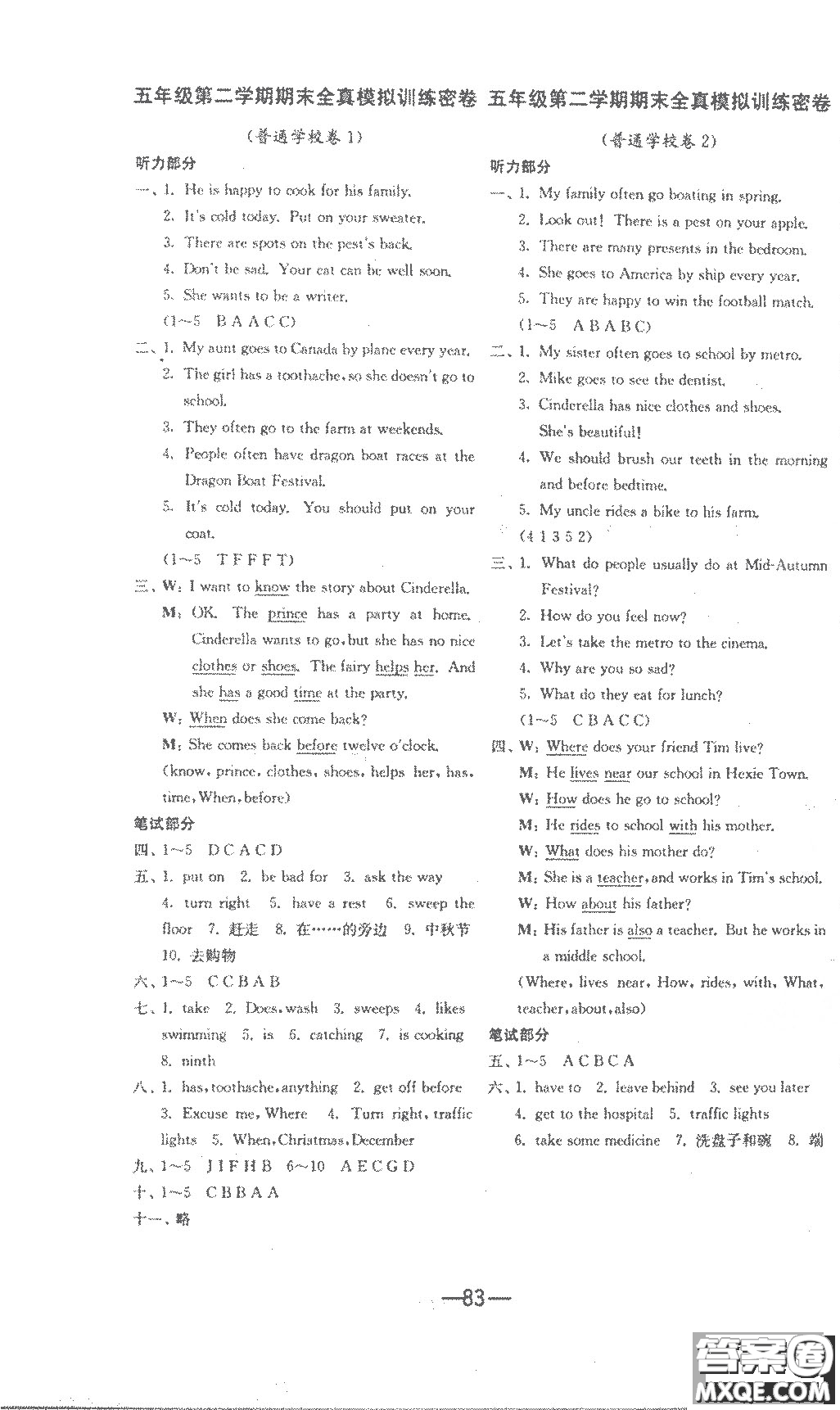 江蘇人民出版社2020年期末闖關(guān)沖刺100分英語五年級下江蘇版參考答案