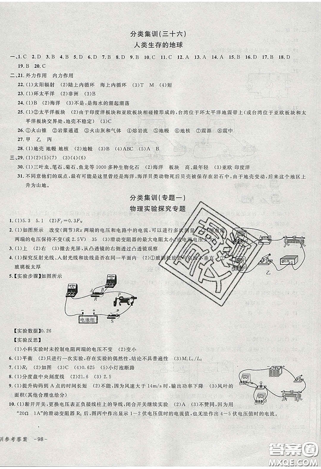 學而優(yōu)2020中考專題分類集訓科學答案