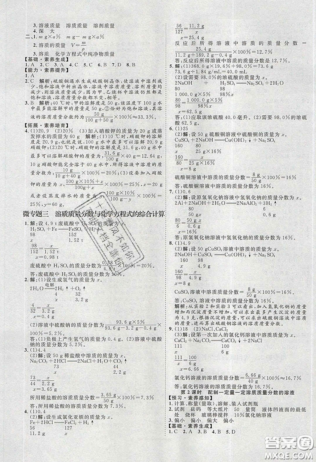 2020春優(yōu)加學(xué)案課時(shí)通九年級化學(xué)下冊Y版答案