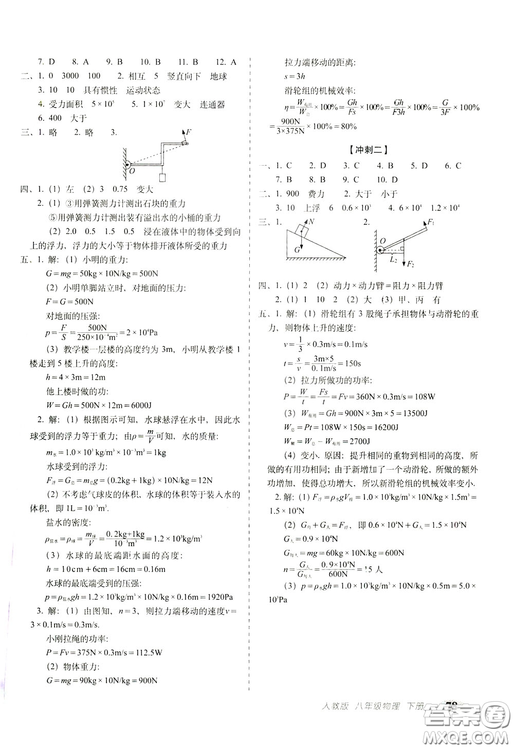 2020春聚能闖關(guān)100分期末復(fù)習(xí)沖刺卷八年級(jí)下冊(cè)物理RJ人教版參考答案