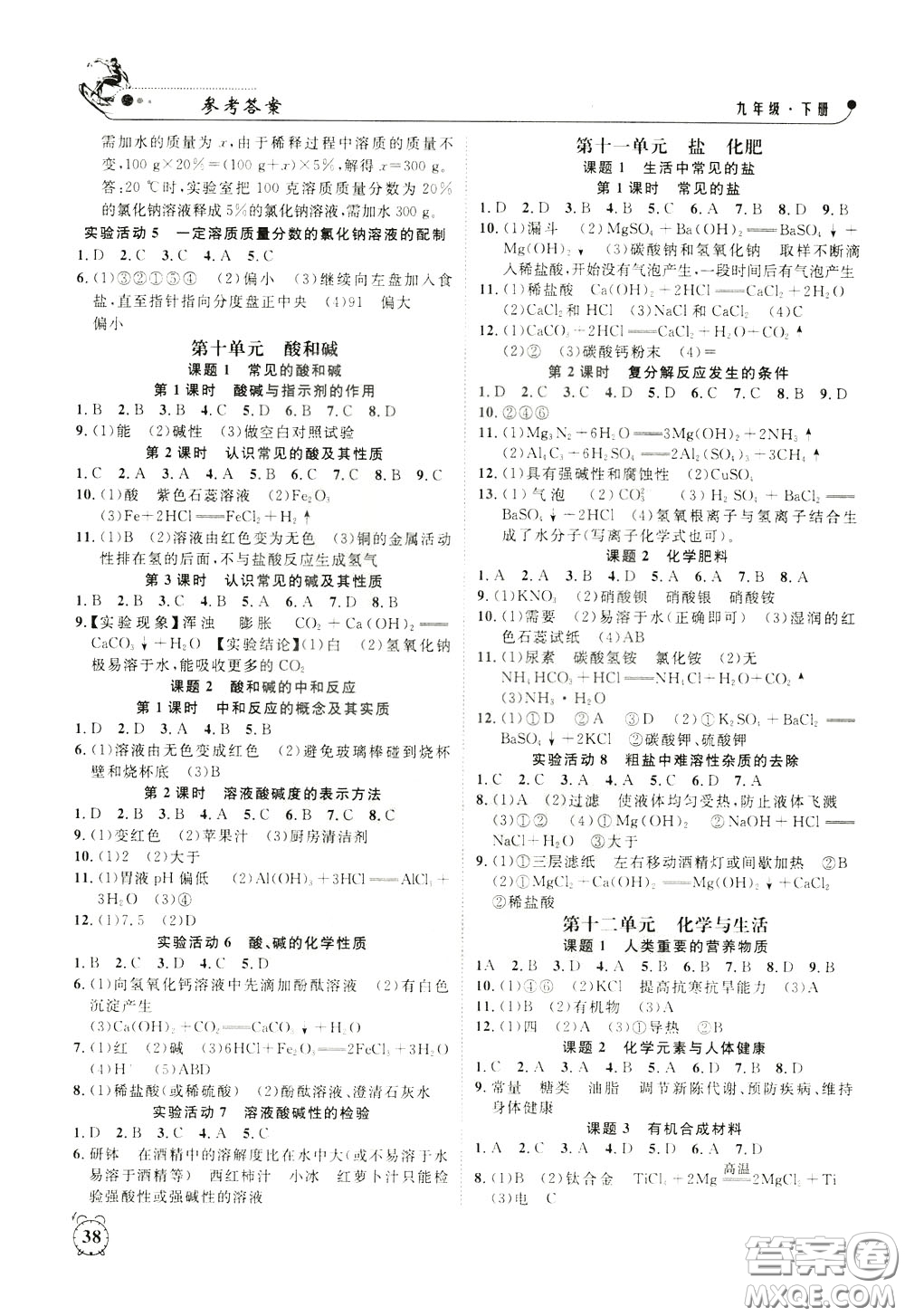 鐘書金牌2020年過(guò)關(guān)沖刺100分課時(shí)作業(yè)化學(xué)九年級(jí)下冊(cè)R版人教版參考答案