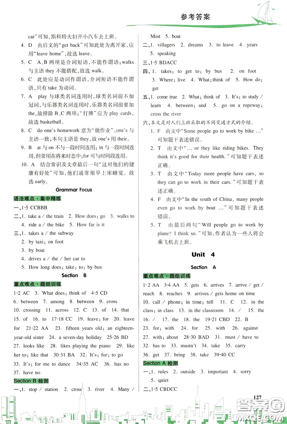 2020年走向名?？键c(diǎn)精講精練7年級(jí)英語下冊(cè)RJ人教版參考答案