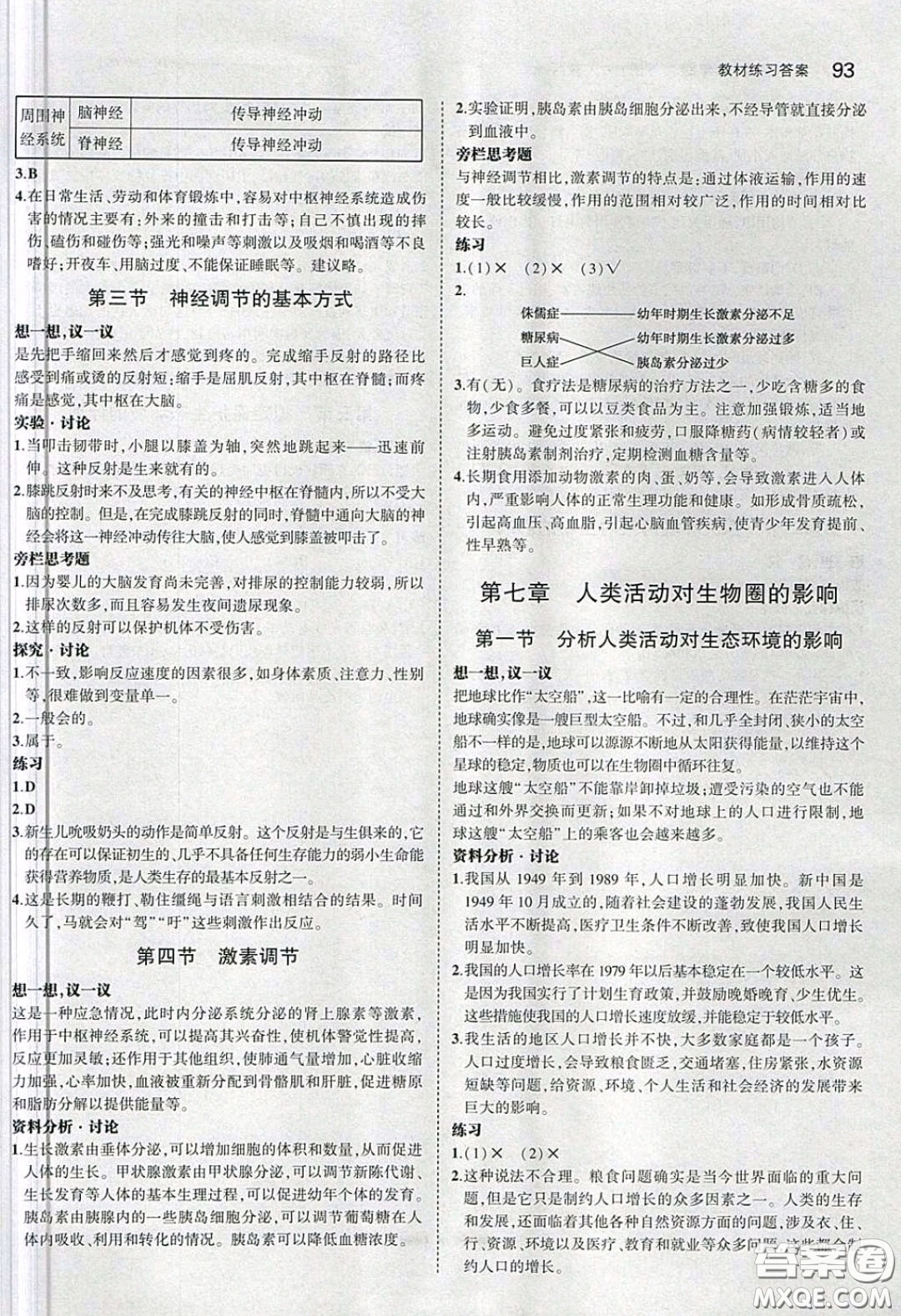 人民教育出版社2020義務(wù)教育教科書生物學(xué)七年級下冊人教版教材習(xí)題答案