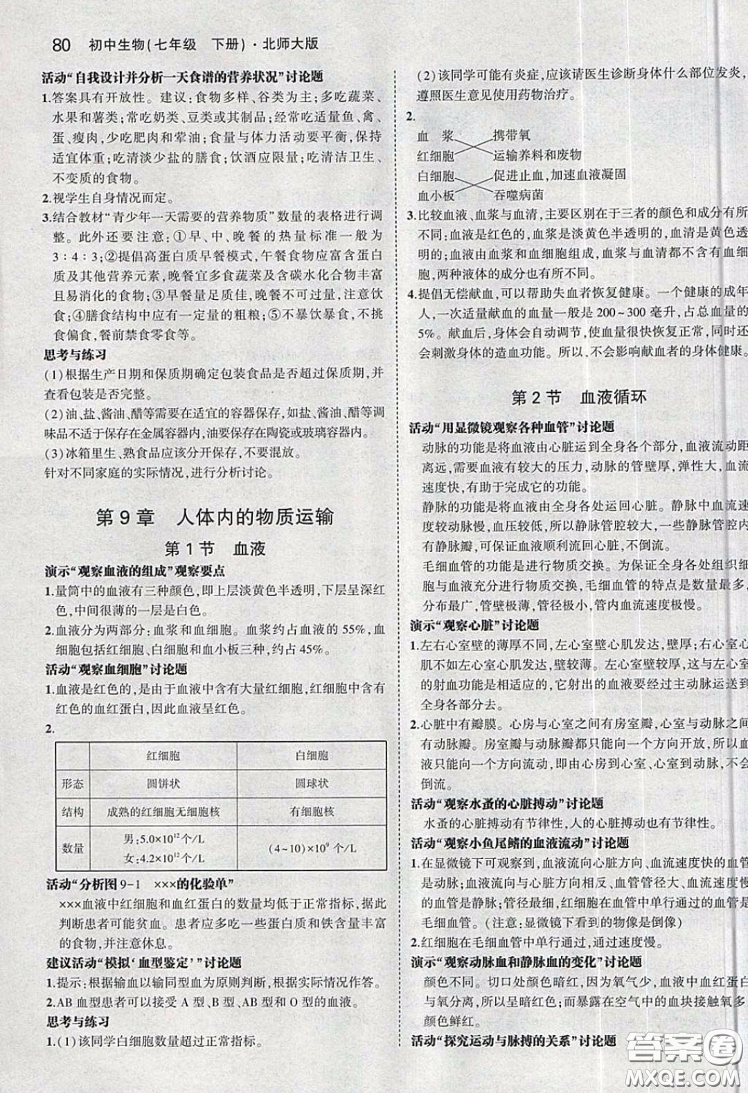 北京師范大學(xué)出版社義務(wù)教育教科書2020生物學(xué)七年級(jí)下冊(cè)北師大版教材習(xí)題答案