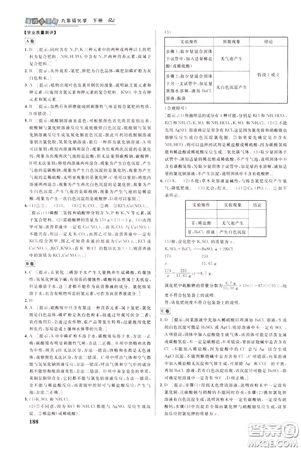 華中師范大學出版社2020年重難點手冊九年級化學下冊RJ人教版參考答案