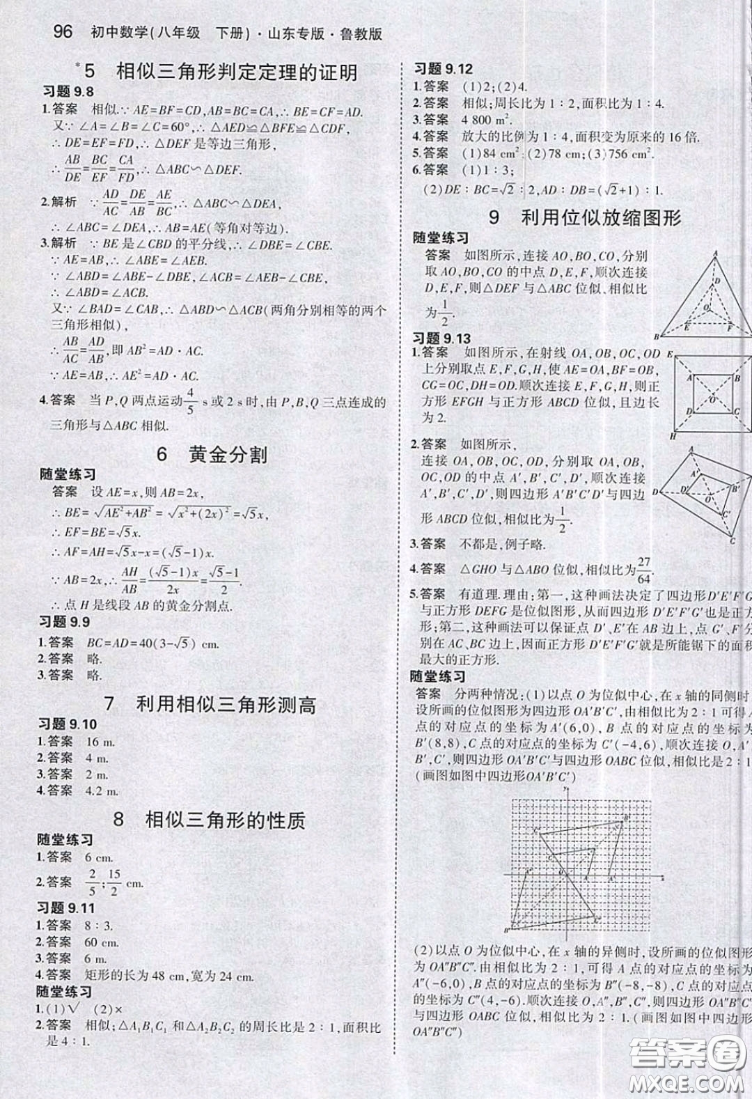 山東教育出版社2020義務(wù)教育教科書八年級(jí)數(shù)學(xué)下冊(cè)魯教版教材課后習(xí)題答案