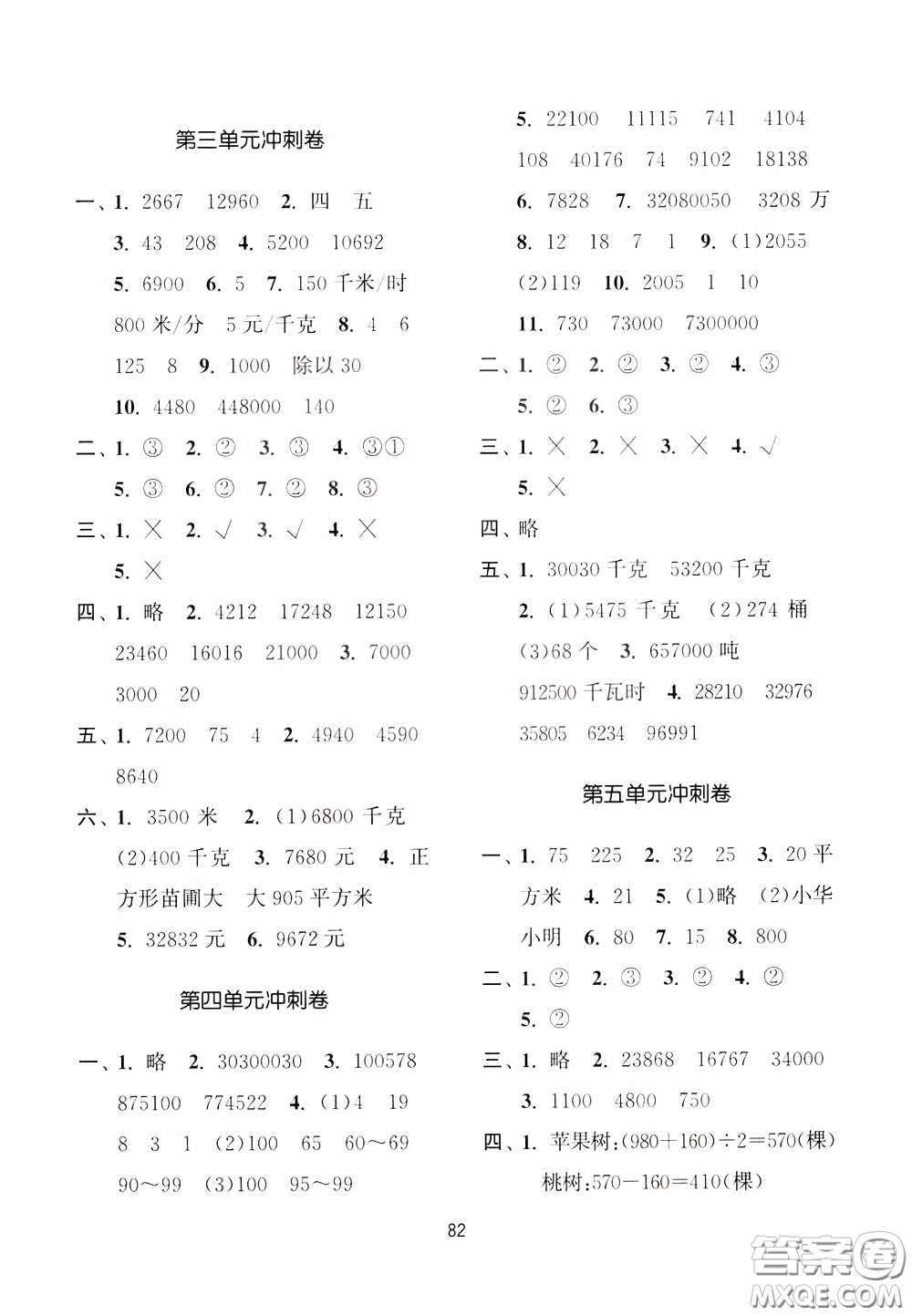 南京大學(xué)出版社2020年名師點(diǎn)撥期末沖刺滿分卷四年級下冊數(shù)學(xué)參考答案