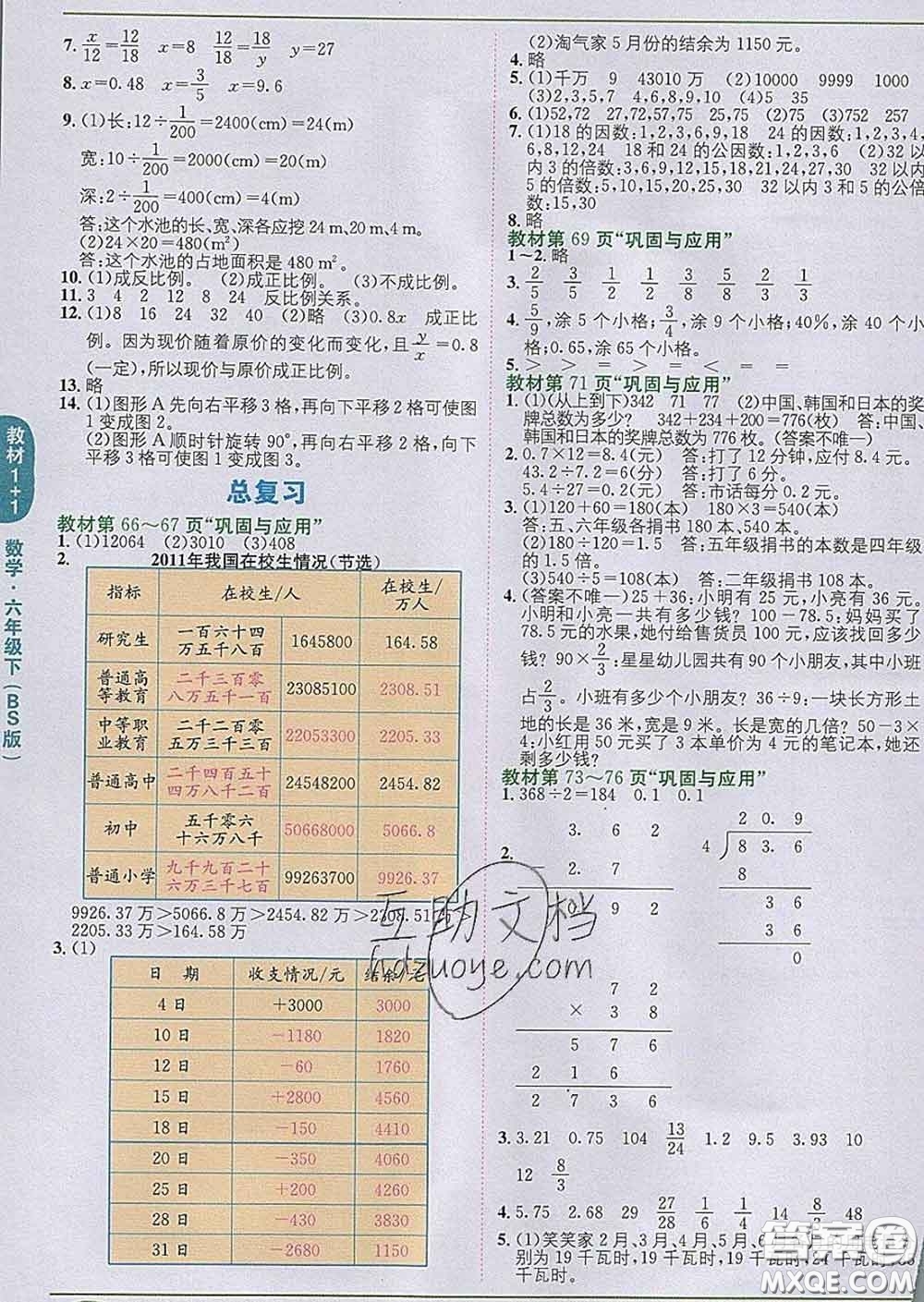 新疆青少年出版社2020春教材1加1六年級(jí)數(shù)學(xué)下冊(cè)北師版答案