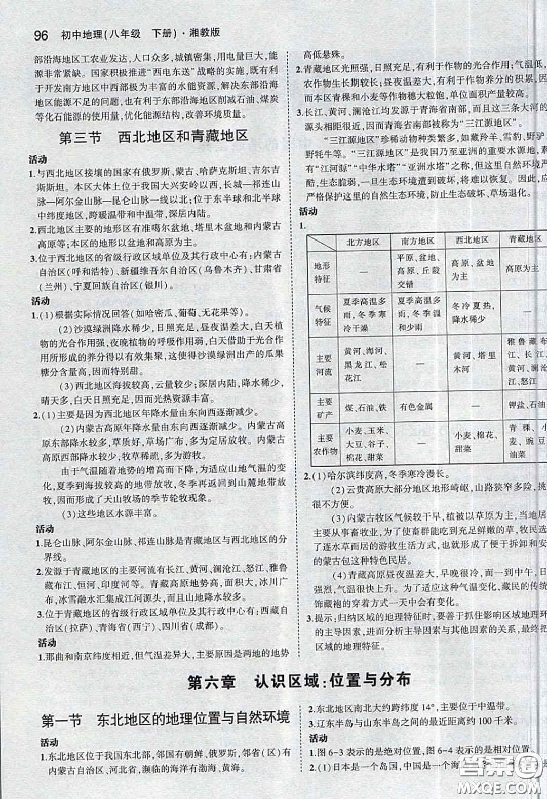 湖南教育出版社2020義務(wù)教育教科書八年級地理下冊湘教版課后習(xí)題答案