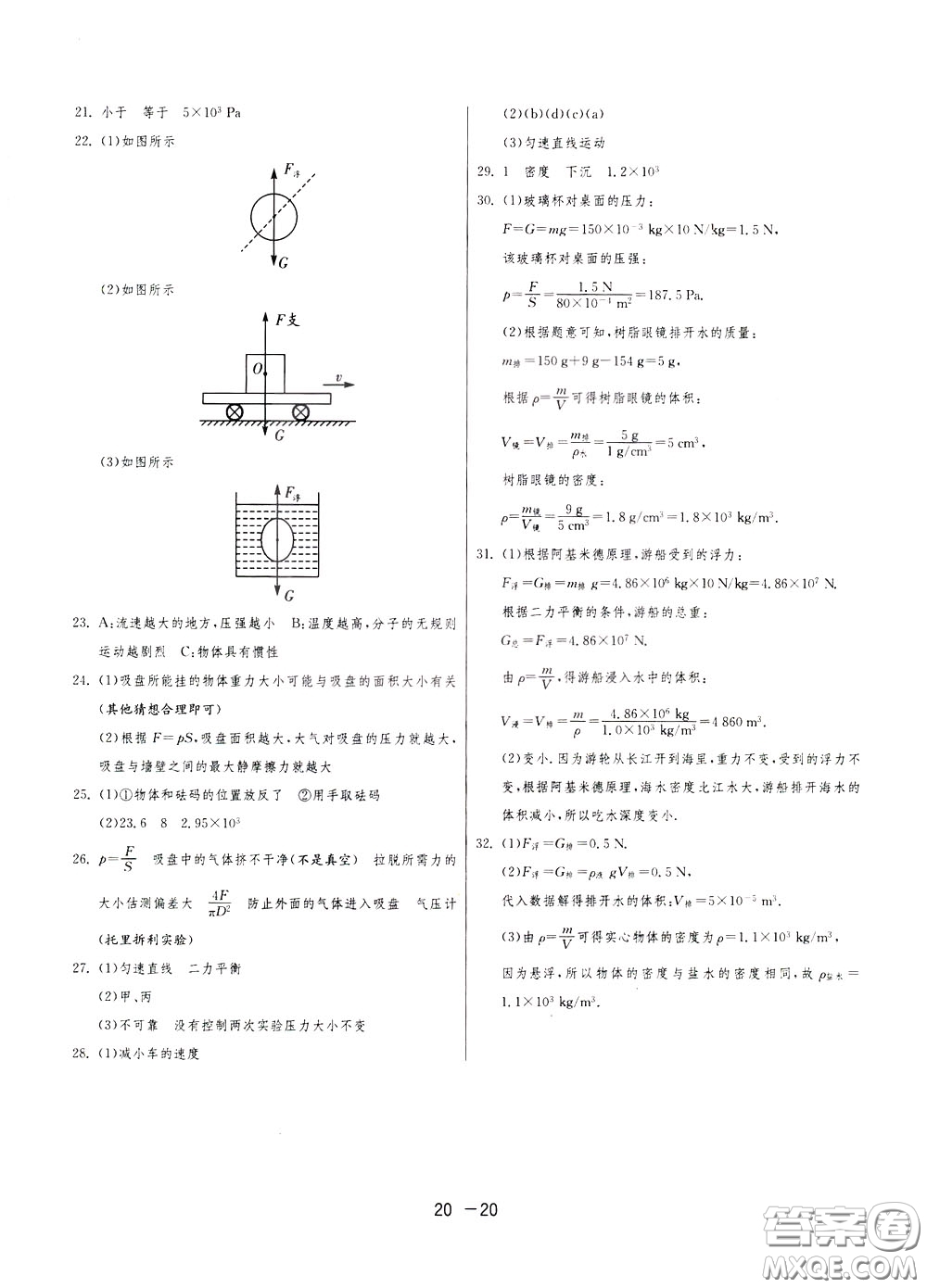 2020升級版1課3練單元達(dá)標(biāo)測試物理八年級下冊JSKJ江蘇科教版參考答案