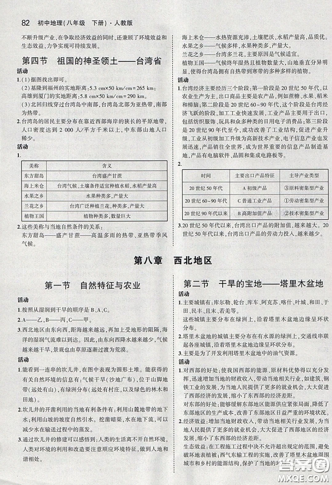 人民教育出版社2020義務(wù)教育教科書八年級地理下冊人教版教材課后習(xí)題答案