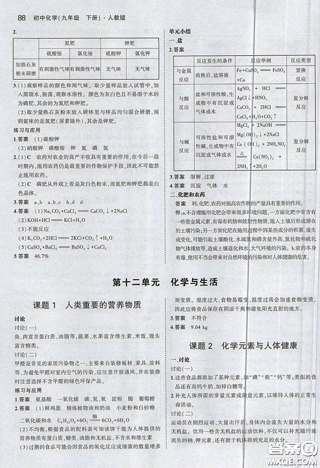 人民教育出版社2020義務(wù)教育教科書九年級化學(xué)下冊人教版教材課后習(xí)題答案