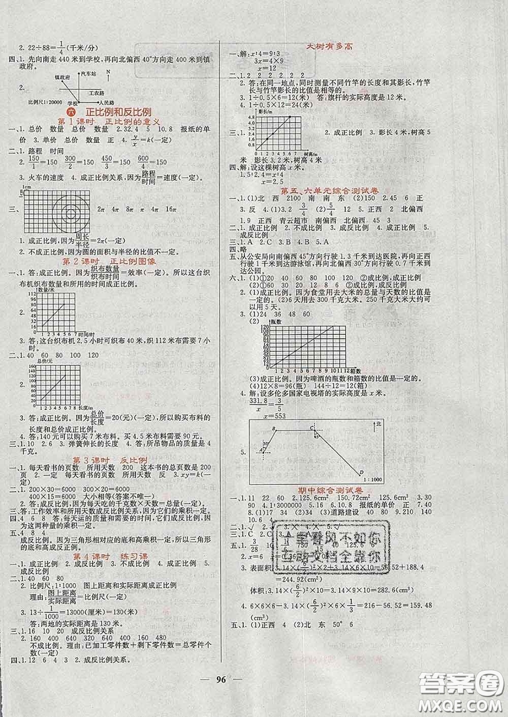 沈陽出版社2020春課堂點睛六年級數(shù)學下冊蘇教版答案