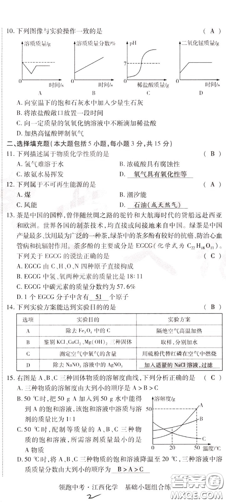 典學(xué)文化2020全新版領(lǐng)跑中考化學(xué)江西專用教師用書參考答案