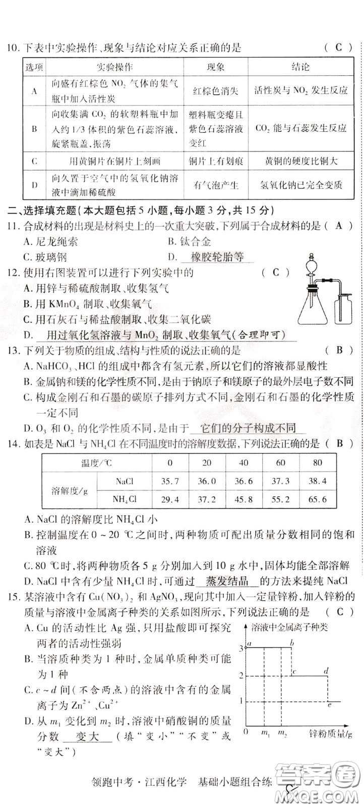 典學(xué)文化2020全新版領(lǐng)跑中考化學(xué)江西專用教師用書參考答案