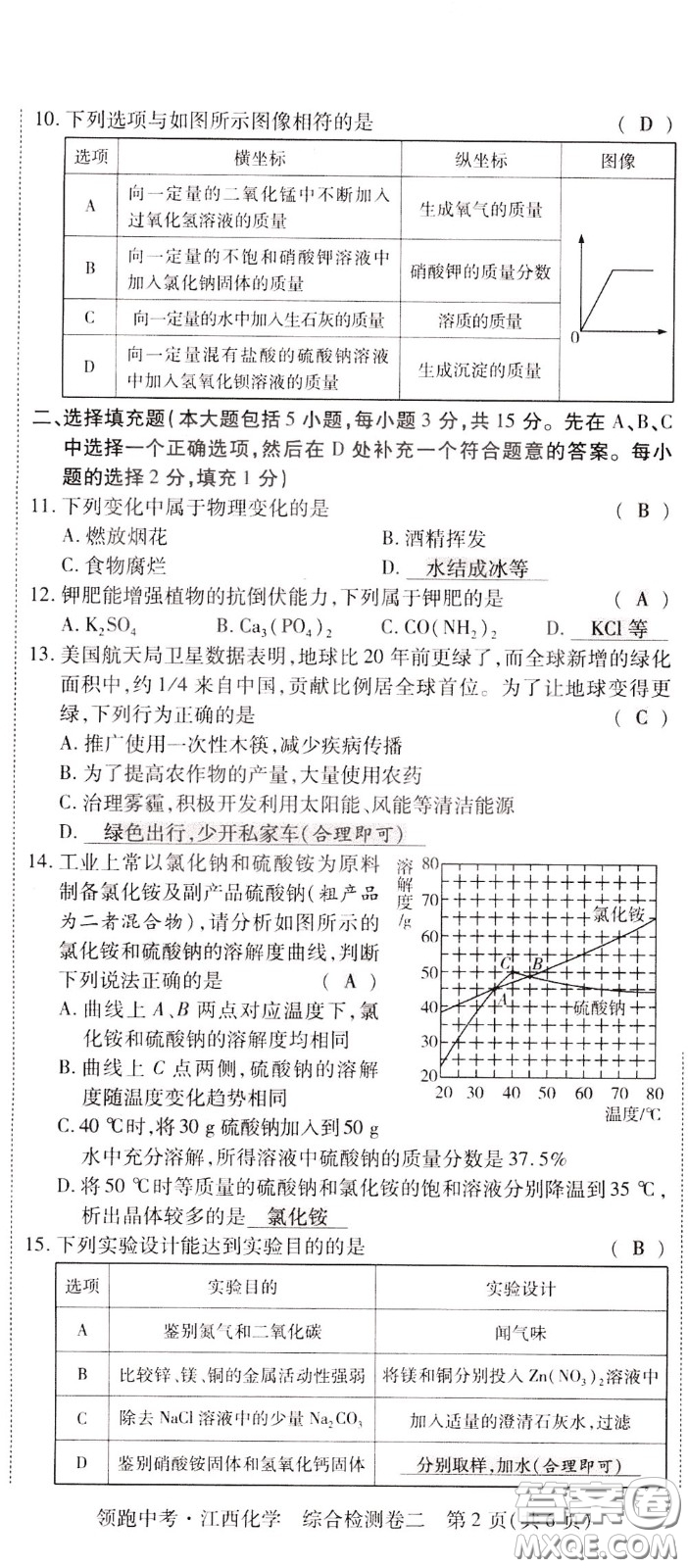 典學(xué)文化2020全新版領(lǐng)跑中考化學(xué)江西專用教師用書參考答案