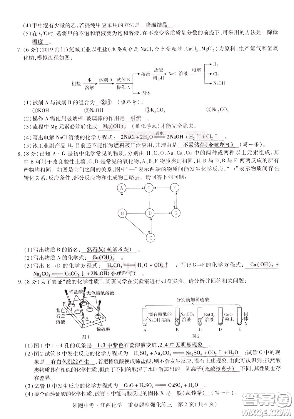 典學(xué)文化2020全新版領(lǐng)跑中考化學(xué)江西專用教師用書參考答案