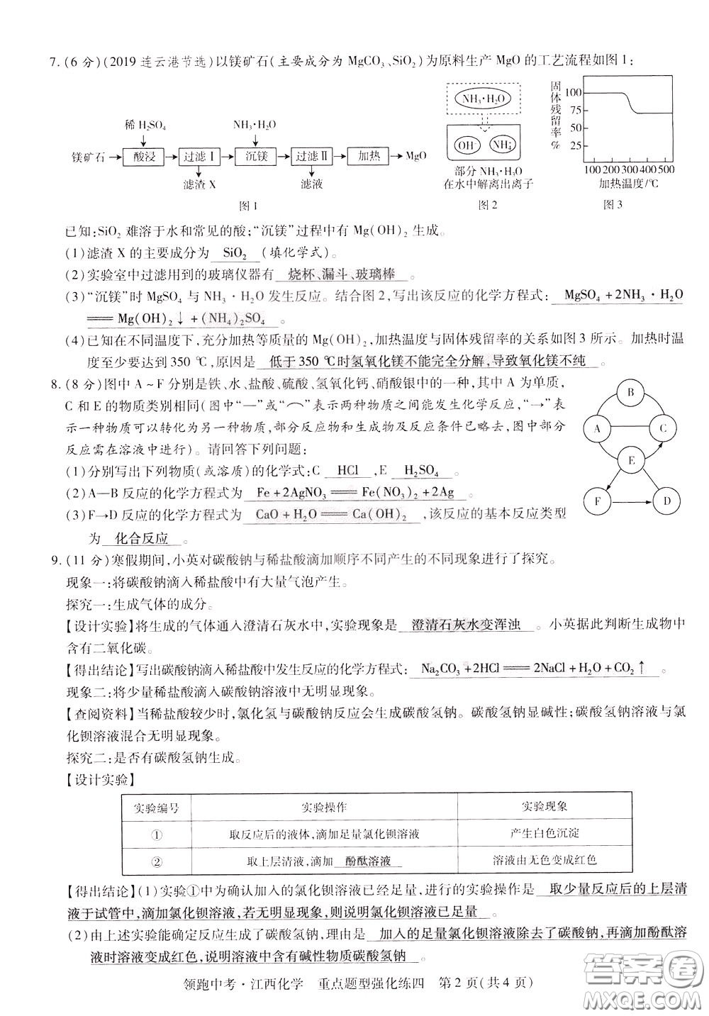 典學(xué)文化2020全新版領(lǐng)跑中考化學(xué)江西專用教師用書參考答案