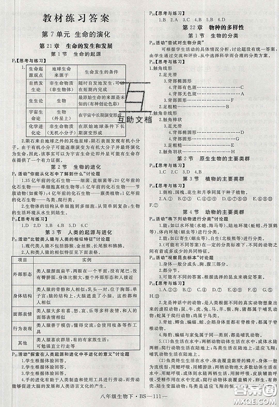 2020春優(yōu)翼學(xué)練優(yōu)八年級(jí)生物下冊(cè)北師大版答案