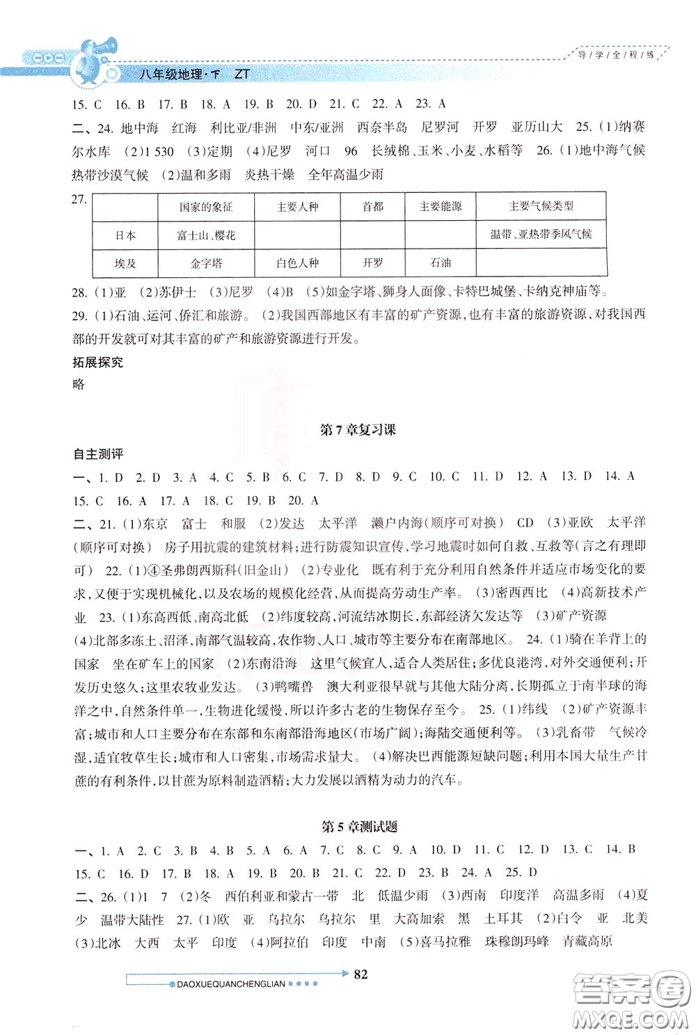 南方日報出版社2020年導學全程練創(chuàng)優(yōu)訓練地理八年級下冊參考答案