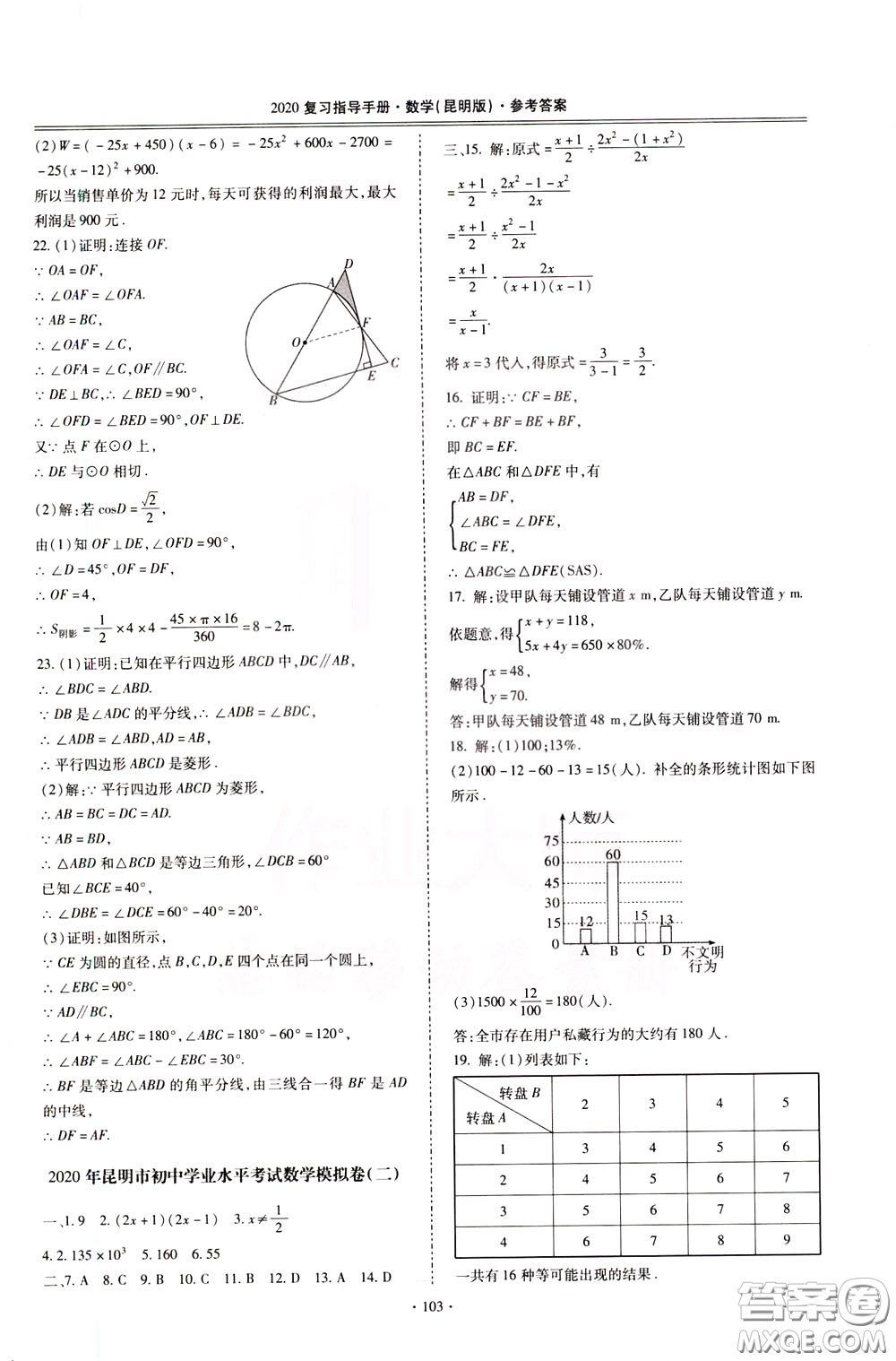 2020年昆明市初中學(xué)業(yè)水平考試復(fù)習(xí)指導(dǎo)手冊數(shù)學(xué)參考答案