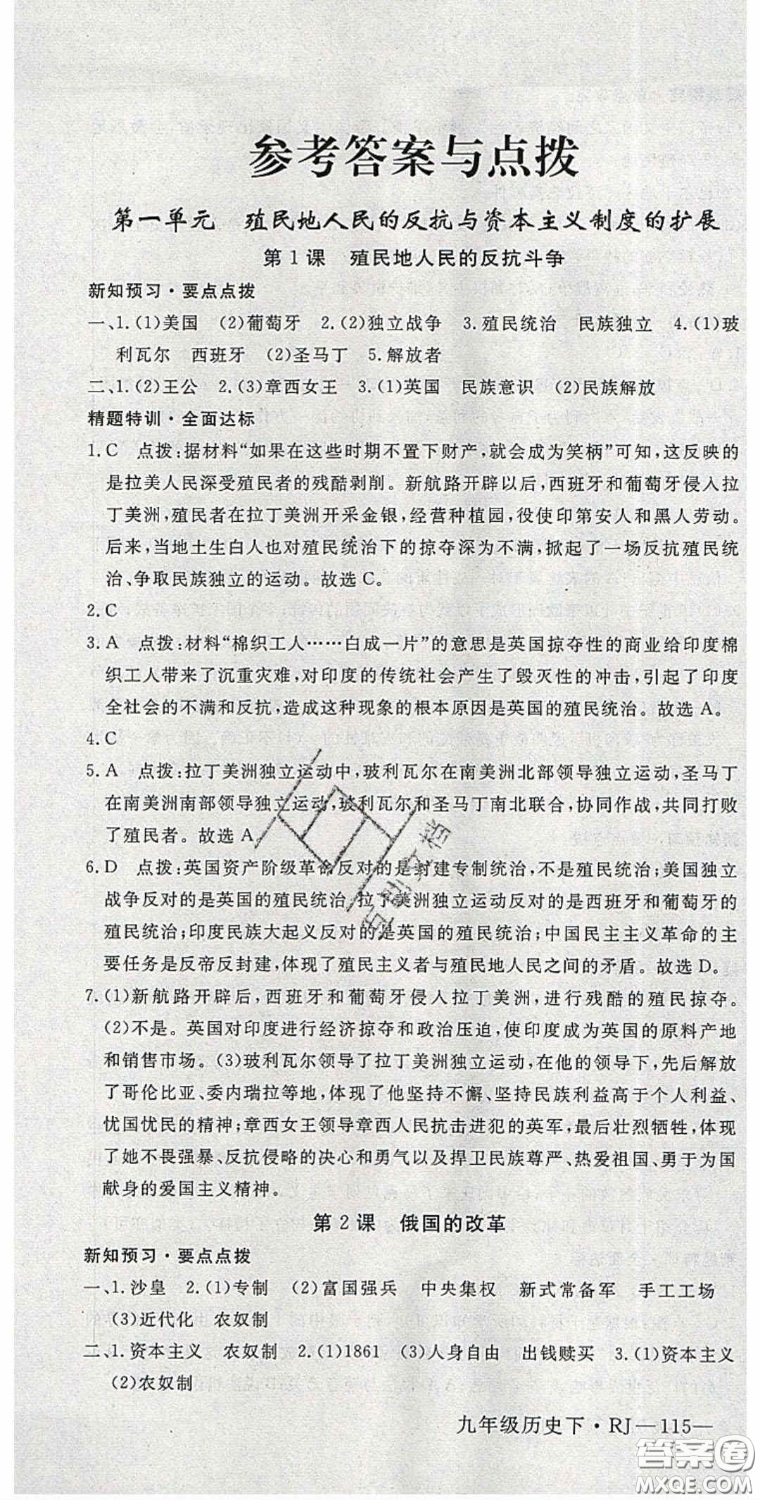 延邊大學(xué)出版2020優(yōu)翼學(xué)練優(yōu)九年級歷史下冊人教版答案